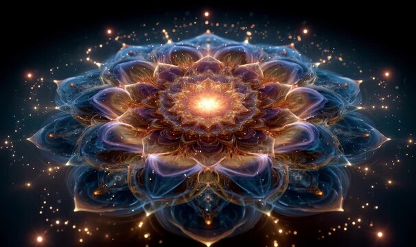 Fractal mandala blossoming with glowing light, representing spiritual energy and sacred geometry on a dark background