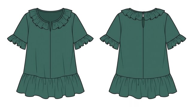 Women Dark Teal Ruffle Collar Short Sleeve Blouse Technical Drawing Front and Back Fashion Flat Sketch Illustration Template