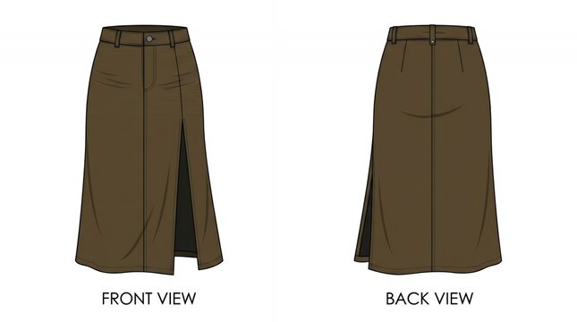 Brown Denim Midi Skirt Technical Flat Sketch with Side Slit Detail Front and Back View for Fashion Design and Apparel Illustration