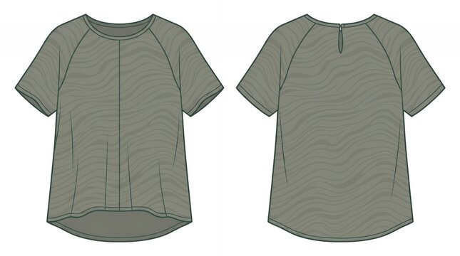 Women Fashion Short Sleeve Raglan Top Sketch in Olive Green Color with Wavy Texture Front and Back View Template