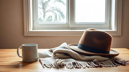 Fototapeta premium Karakul fur hat and lambswool scarf on wooden table with ceramic mug, winter travel concept