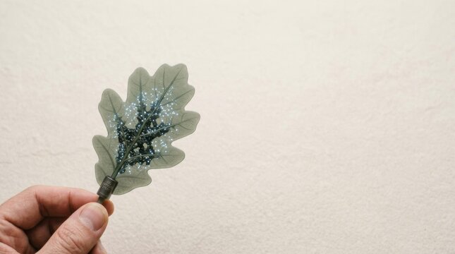 Person holding a small flower representing carbon capture through a recognizable broad tree leaf with visible stomata