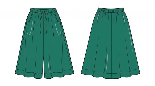 Green Wide Leg Culottes Flat Technical Sketch with Elastic Drawstring Waist and Side Pockets Front and Back View