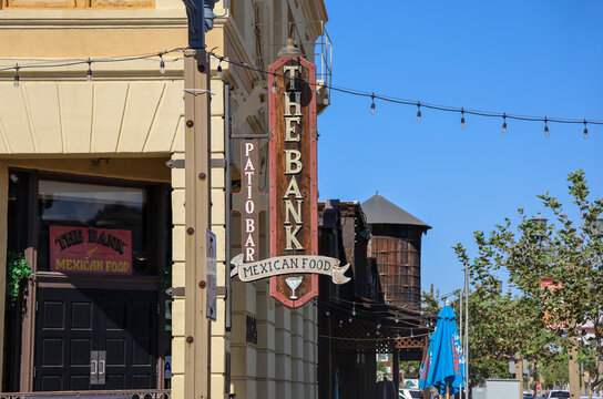 Temecula, CA USA on October 8, 2022. The Bank Mexican Food Patio Bar sign at Old Town Temecula in Southern California.
