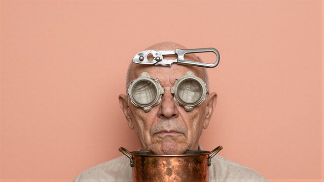 Old man with shell eyes and wrench on head, holding copper pot.