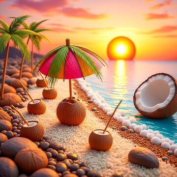 Coconut drinks with colorful umbrellas on a tropical beach at beautiful sunset