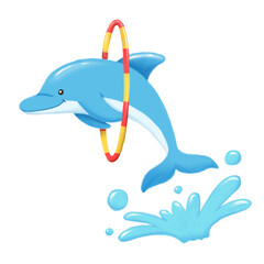 Hand Drawn Dolphin Jumping Through a Hoop Clipart Isolated on Transparent Background © Totomura Toto