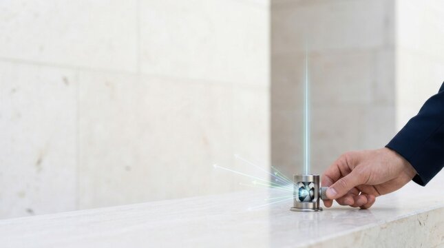 Individual using a laser to cut wall signifying leadership alignment as bringing different directions onto one axis