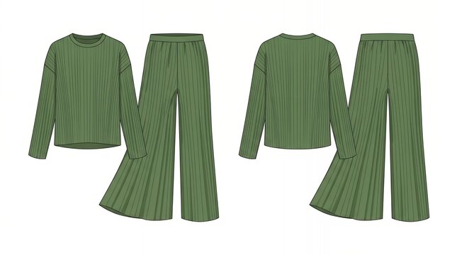 Olive Green Ribbed Loungewear Set Featuring Long Sleeve Crewneck Top and Matching Wide Leg Pants Technical Drawing
