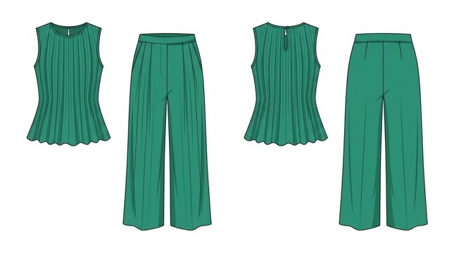 Elegant Green Pleated Sleeveless Blouse and Wide Leg Pants Two Piece Set Fashion Flat Sketch Front and Back View
