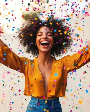 Joyful person with curly afro hair wearing a mustard yellow blouse and blue jeans, arms raised in celebration as multicolored confetti rains down against a light background