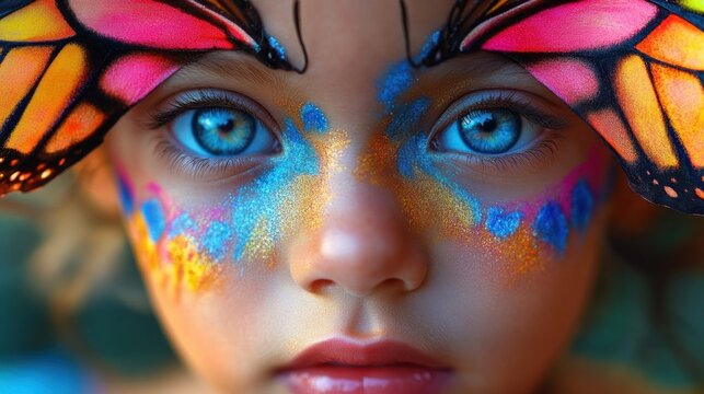 Close-up portrait of a child with luminous blue eyes, vibrant butterfly wings headpiece and multicolored glitter face paint conveying a dreamy, innocent expression