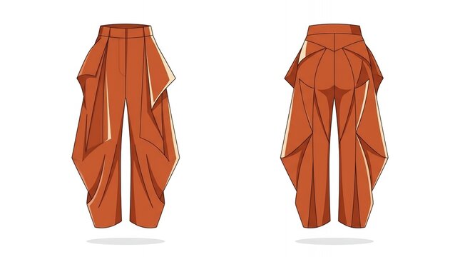 Professional Orange Draped Wide Leg Trousers Technical Drawing Flat Sketch Front and Back View Fashion Design