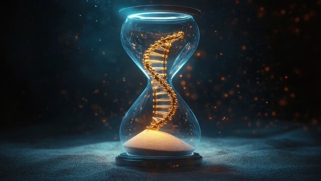 glass hourglass containing a glowing golden dna double helix above a pile of sand, surrounded by floating light particles and dramatic blue-orange lighting, evoking awe and urgent contemplation
