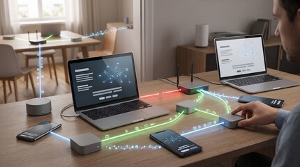 Naklejka premium Smart home hub configuration and data flow visualization showing a person connecting devices with glowing optical cables