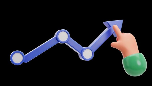 Cartoon hand pointing at rising blue growth chart with business, pointing