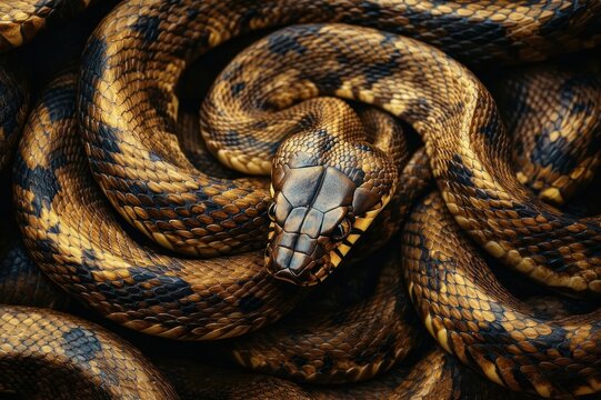 close-up of a coiled golden-brown and black patterned snake with glistening scales, head centered and poised, alert intense gaze