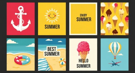 Fototapeta premium Collection of summer themed cards and posters with beach, ice cream, sun and nautical elements