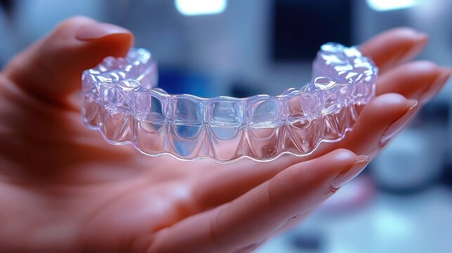Close-up of a hand gently holding a clear dental aligner in a clinical setting, conveying care and professional reassurance