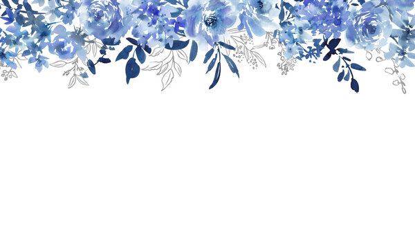 Watercolor blue floral border background with abstract hand-painted roses, wildflowers and silver botanical line art for banners, headers, and wedding invitations. Winter floral frame.
