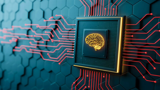 Futuristic AI processor chip featuring gold neural network brain graphic
