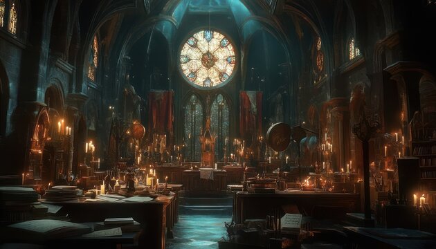 Candlelit gothic cathedral interior transformed into an ancient library with rows of wooden desks, books, manuscripts, globes, lecterns and a stained glass rose window, evoking solemn mystery