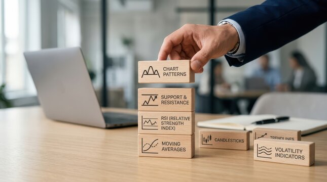 Businessman analyzing stock market data with wooden blocks on office desk with laptop