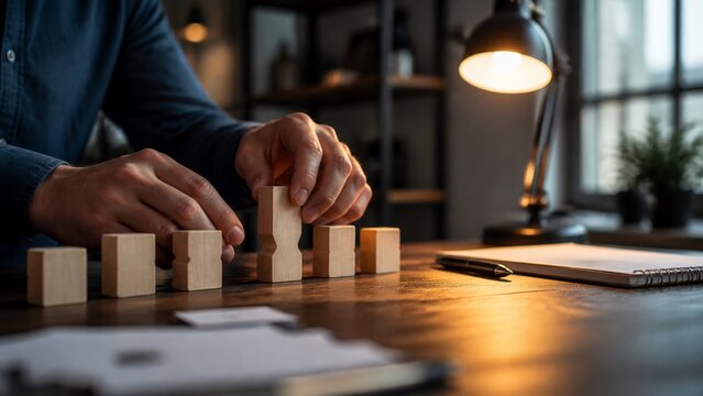 Business hands arranging wooden bottleneck blocks on planning desk