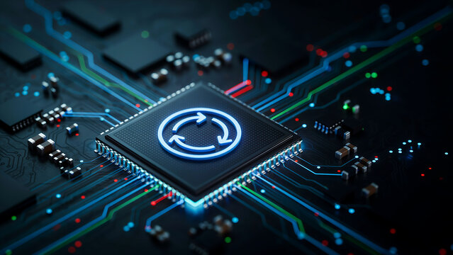 Close-up of a central processing unit (cpu) chip with a circular refresh icon