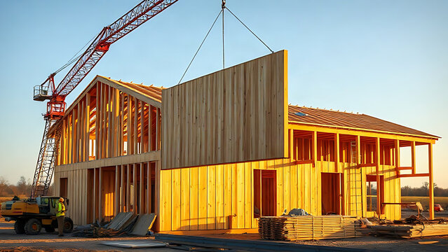 Construction crane lifting wooden wall panel on timber frame building, building process concept