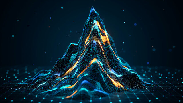 Abstract digital mountain of glowing particles and data points with abstract art