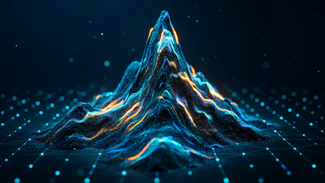 Abstract digital mountain of glowing particles and data points with abstract art