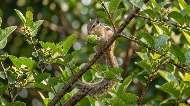 Squirrel eating guava