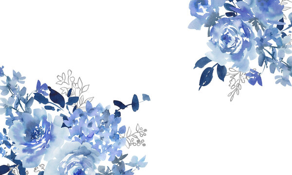 Watercolor blue floral background with abstract hand-painted roses, wildflowers and silver botanical line art for banners, headers, and wedding invitations. Winter floral frame.