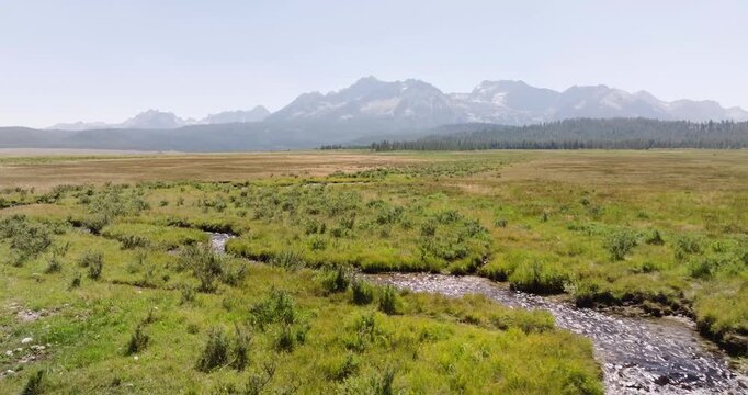 Aerial view of meandering river through grassy plains