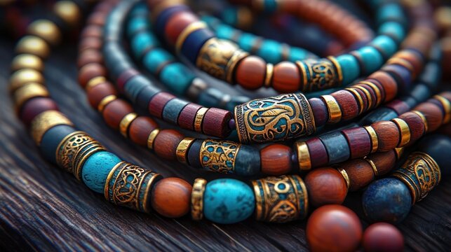 Close-up of coiled beaded bracelets with turquoise stones, wooden and brass filigree beads on a textured wooden surface, intricate handcrafted bohemian warmth