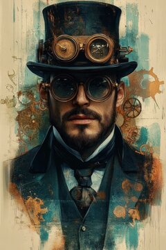 mysterious steampunk figure in a top hat and brass goggles with an obscured face, wearing a victorian suit and tie, surrounded by rusted gears and teal sepia grunge, enigmatic mood