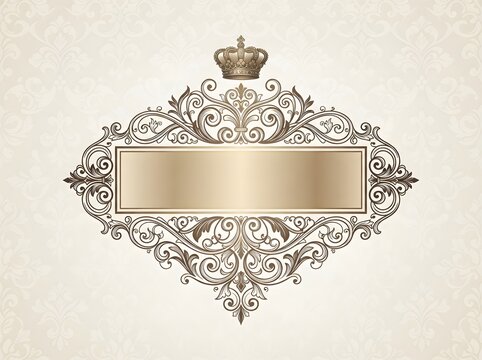 Elegant vintage frame with royal crown and intricate floral filigree ornaments on a soft beige background