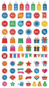 Collection of Sale Discount Icons and Shopping Symbols for Retail and E-commerce Promotions