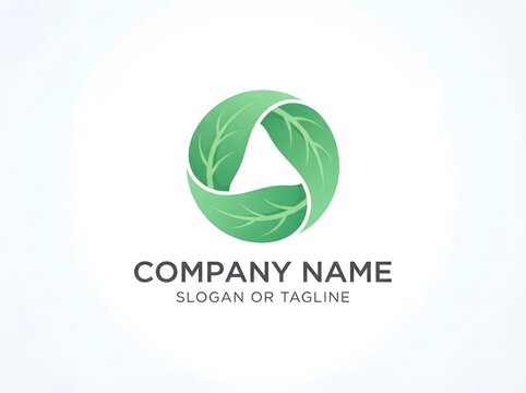 Minimalist eco friendly logo design featuring three green leaves arranged in a circular recycling triangle shape