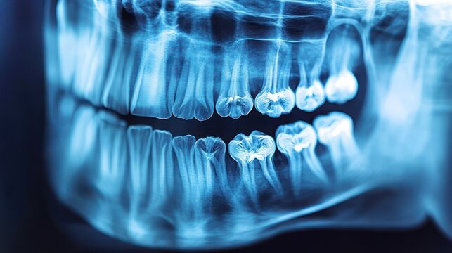 Panoramic dental x-ray of upper and lower jaws showing teeth, molars, premolars, incisors and visible roots with a clinical diagnostic blue-toned radiograph