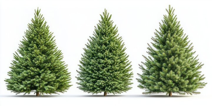Three lush green fir trees on white background, evenly spaced conifer trio conveying a festive, calm and fresh mood