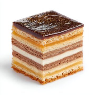 opera cake with gold shimmer isolated on a white background