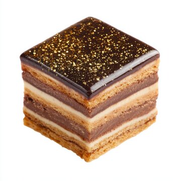 Miniature layered opera cake with gold shimmer isolated on a white background