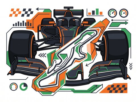 Modern Formula One Racing Car Illustration with Telemetry Data Infographics and Circuit Map Design