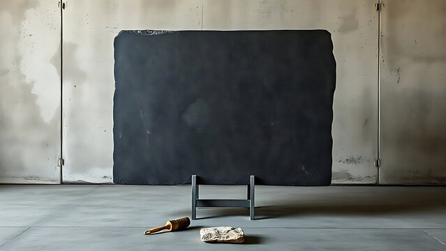Diorite stone slab on steel easel with brush and raw fragment, geology specimen and museum display concept