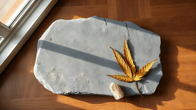 Rough-cut diorite stone slab with quartz specimen and dried leaf on oak tabletop, geology and natural history concept