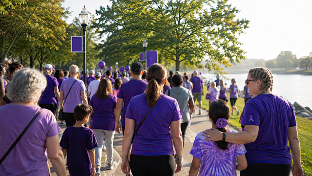 A diverse group of people of various ages walking together outdoors wearing purple shirts and ribbons. World Alzheimer's Month community walk concept.