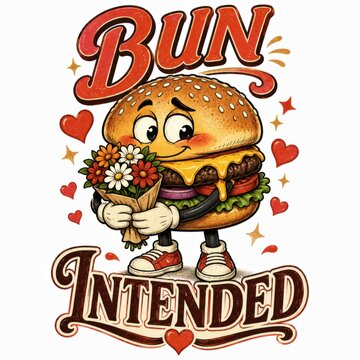 Cute burger character holding flowers with bun intended pun slogan