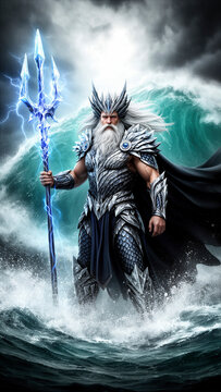 Poseid&oacute;n, dios del mar, dios griego, mitolog&iacute;a griega, tridente, dios del oc&eacute;ano, dios mitol&oacute;gico, guerrero divino, guerrero marino, armadura, armadura de escamas, corona de coral, coral marino, oc&eacute;an
